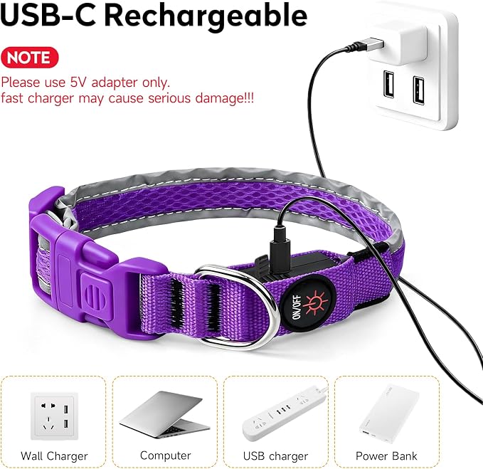 LED Dog Collar, Light Up Dog Collar,for Night Walking(Medium,Purple) | Adjustable,Bright RGB 7 Colors Light Glowing Collar,Waterproof,Nylon,Soft,For Medium and Large Dogs,USB C to Charge - Image 7