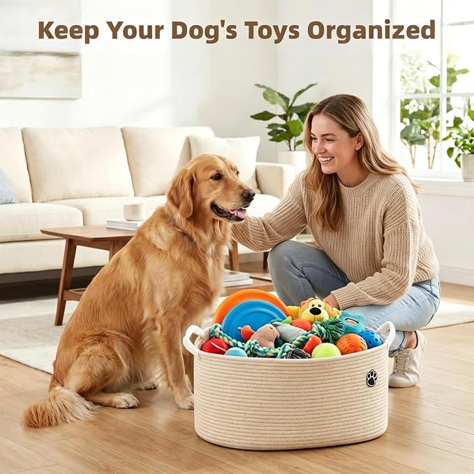 Optish 40L Extra Larg Dog Toy Basket, Woven Storage Baskets with Handles | 20" x 14" x 9" XL Toy Storage Box and Bin with Handles for Living Room, Bedroom Organization, Foldable, Durable, Home Decor - Image 5
