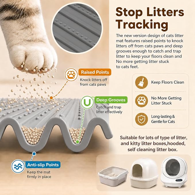 Mofason Cat Litter Mat Litter Trapping Mat XXL Grey Silicone Litter Box Mat | Waterproof 38"x25" kitty litter mat for floor; extra large litter trapping, litter matt for cat litterbox easy clean pet mat - Image 2