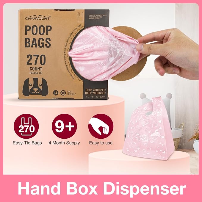 Charmount 270 Counts Unscented Dog Poop Bags Rolls with Handles | 16"x8"Extra Thick Pet Waste Bag, Leak Proof and Easy Tie, Cat Litter Bags, Pink - Image 6