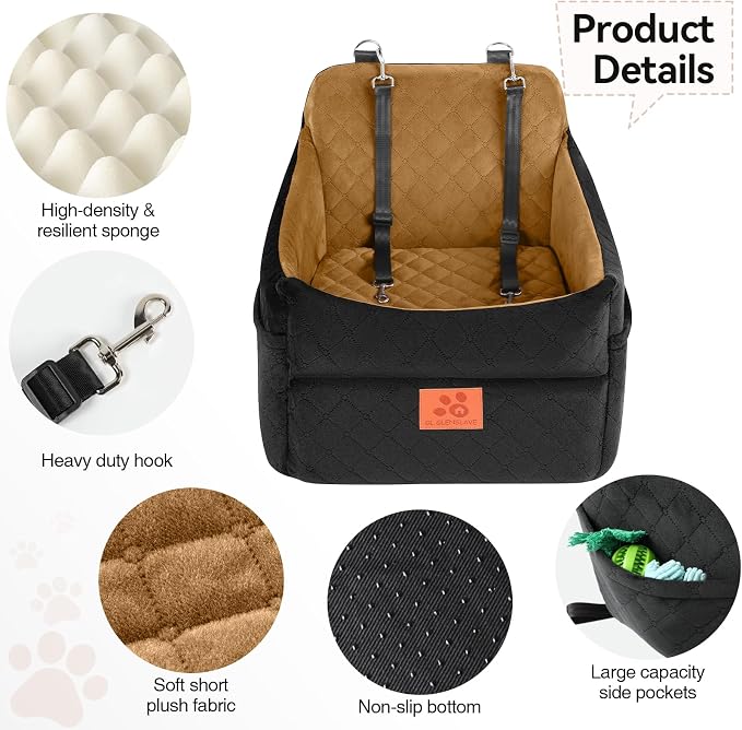 GL GLENSLAVE Dog Car Seat for Small/Medium Dogs, Dog Booster Car Seats with Thick Cushion for Dogs Under 35lbs, Detachable Washable Pet Carseat with Storage Pockets, 2 Safety Belts(Black/Coffee) - Image 4