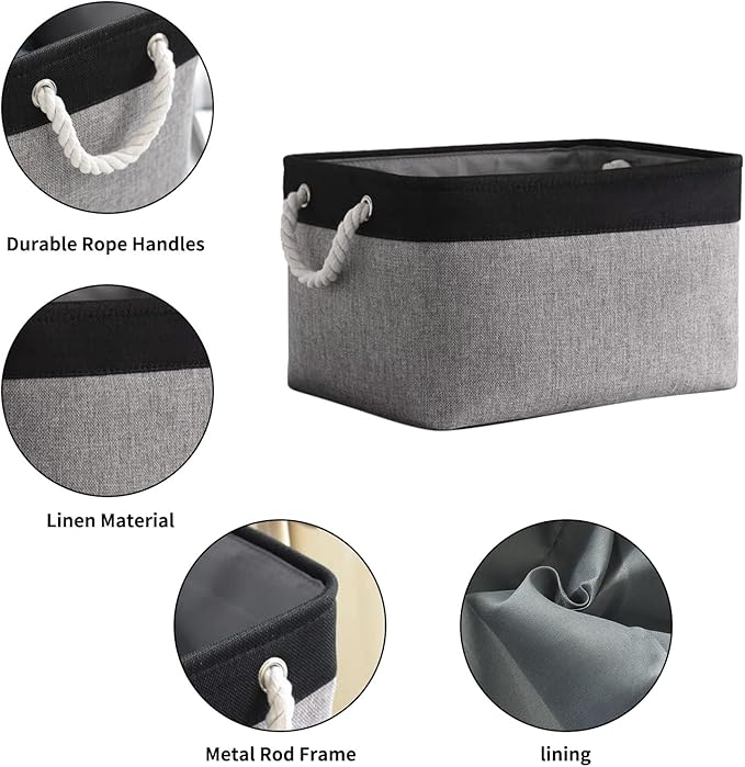 TheWarmHome Collapsible Storage Bin for Shelves - 16x12x8 inch Large 3 Pack Storage Basket for Organizing with Rope, Fabric Storage Cubes for Organizer Toy Cloth Gift Closet (Black & Grey) - Image 5