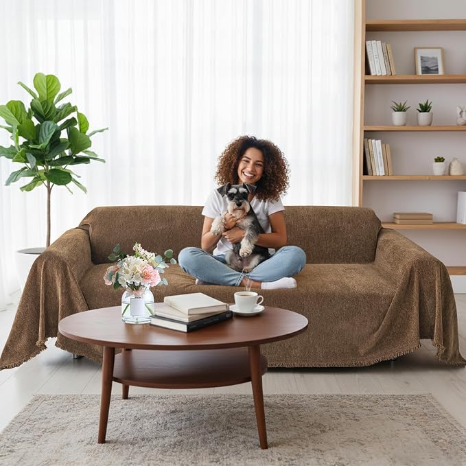 Smiry Couch Cover for Dogs, Chenille Sofa Covers for 3 Cushion Couch | Washable Soft Sofa Slipcover for Pets, Thick Sectional Furniture Protector with Tassels (Chocolate, 88.5x118 Inch) - Image 12