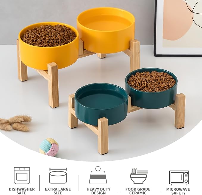 Elevated Ceramic Dog Bowl Set - Raised Dog Bowls with Non Slip Bamboo Stand, Food and Water Bowl Set for Kitty, Cats and Toy Breed Dogs, Pet Bowls, Weighted Dogs Dishes (5.1'', 2*16OZ, Green) - Image 4