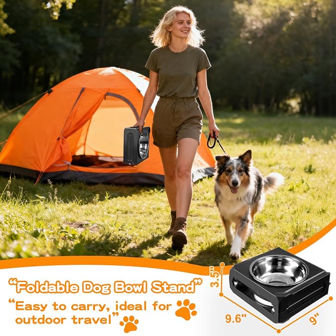 COMESOON Elevated Dog Bowls, 5 Adjustable Heights (3.9"-13.4") Raised Dogs Food Bowl Stand for Medium Large Sized Dogs, Non-Slip Foldable Travel Pet Feeder Black with Stainless Steel Bowls - Image 8