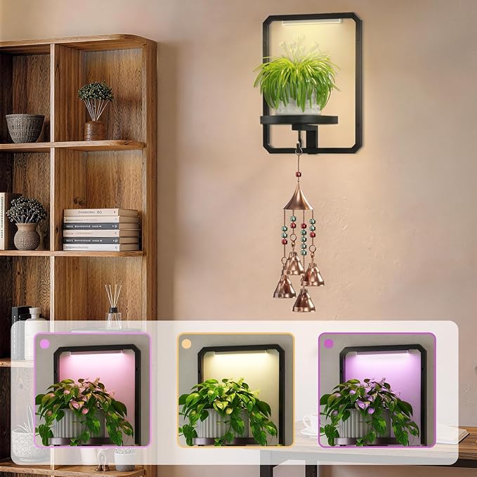 LASZOLA Plant Picture Frame Holder Shelf Wall with Lights, Black | Modern Floating Flower Hanger Indoor, Window Wall Mounted, with Hooks, Metal Planter Hanging Stand Display for Bathroom - Image 4