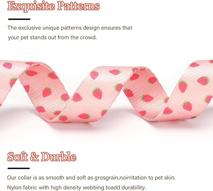 Pink Strawberry with Pendant Cute Dog Collar for Small Medium Large Dogs,XL | Ligth Adjustable Nylon Puppy Collar for Boy and Girl Female, Distinctive Patterns, Comfortable for Walks and Outdoor Hikes - Image 3