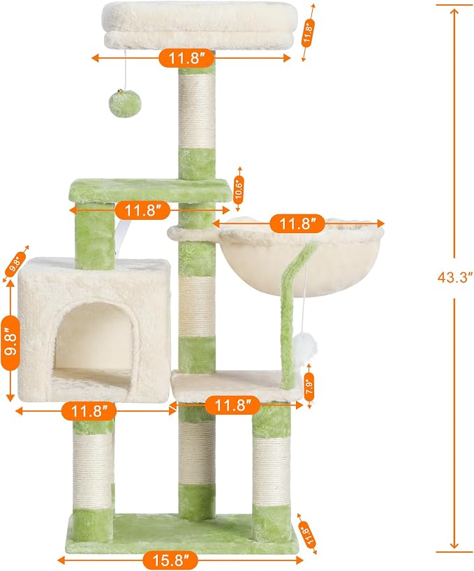 Heybly Cat Tree with Toy, 43.3 inch Cat Tower for Indoor Cats HCT004SGM | Cat Condo with Durable Sisal Scratching Posts, Cat House with Padded Plush Perch, Cozy Hammock, Green and Beige - Image 3