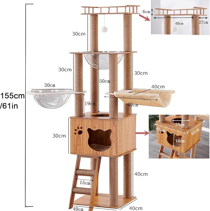 61'' Wooden cat Tree with cat Condo, Cat Stairs Scratching Posts, 2 Bowl,Sisal Scratching Posts,Cozy Cat Hammock and Top Perch. Cat Tree for Large Cats. - Image 2