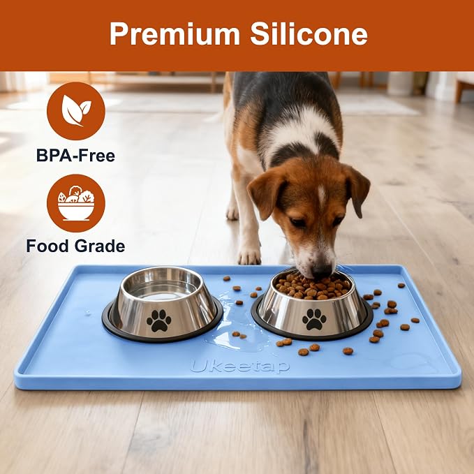19" x 12" Extra Thick Silicone Mat Waterproof with Raised Edge, Blue | BPA-Free Non-Slip Dog & Cat Food Mat, Feeding Mat for Food and Water Bowls, Spill Proof Mat to Protect Floors - Image 4