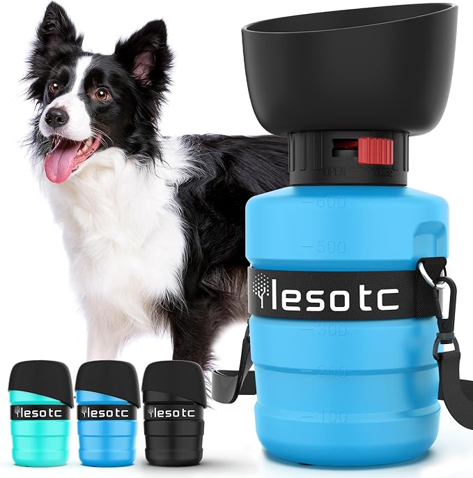 Lesotc Dog Water Bottle, Portable Water Dispenser with Bowl, Leak Proof Pet Travel Squeeze Bottle, Puppy Essentials Dog Stuff Accessories for Outdoor Walking, Hiking, Camping, Blue by lesotcbrand