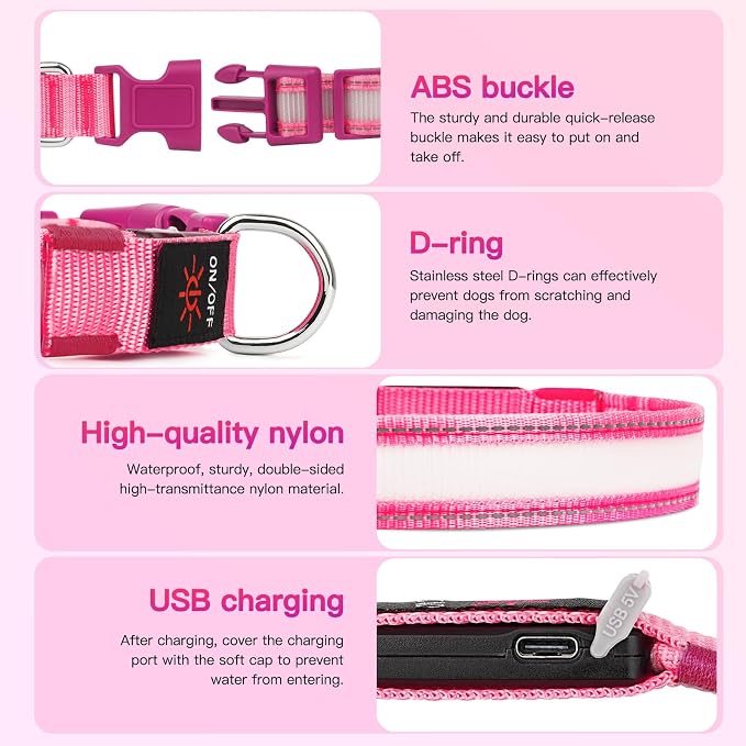 LED Light Up Dog Collar for Night Safety Walks, Pink, M | USB rechargeable, waterproof & pet-safe, 3 lighting modes, long-lasting glow, adjustable S/M/L, soft comfy daily walk fit - Image 4