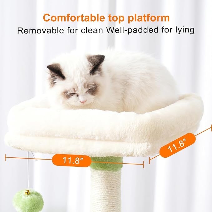 Heybly Cat Tree with Toy, 43.3 inch Cat Tower for Indoor Cats HCT004SGM | Cat Condo with Durable Sisal Scratching Posts, Cat House with Padded Plush Perch, Cozy Hammock, Green and Beige - Image 6