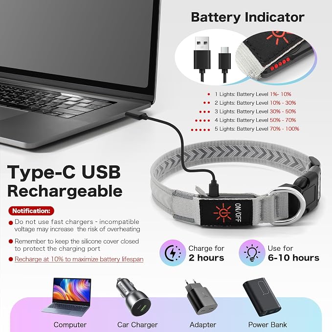 Light up Dog Collar, Multicolor LED Dog Collar Type-C Rechargeable, High Visibility Rainbow Gradient Glow & 7 Light Modes, Adjustable Waterproof Dog Safety Collar for Night Walking (Small) - Image 3