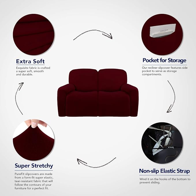 PureFit Super Stretch Loveseat Recliner Sofa Couch Cover with Pocket | 2 Seats Non Slip Soft Sofa Slipcover, Washable Reclining Furniture Protector for Kids, Pets (Recliner Loveseat, Wine) - Image 3