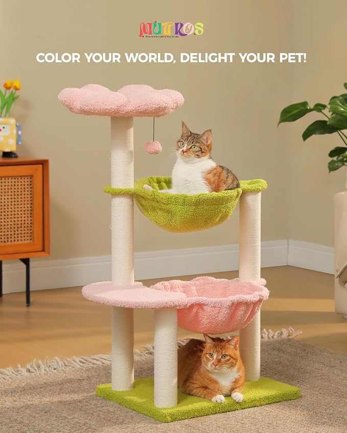 37.4" Flower Cat Tree with 2 Hammocks & 6 Sisal Posts, Pink | Flower top perch, 2 spacious hammocks, 6 sisal posts, Cute small tower, For indoor kittens, Sturdy build - Image 8
