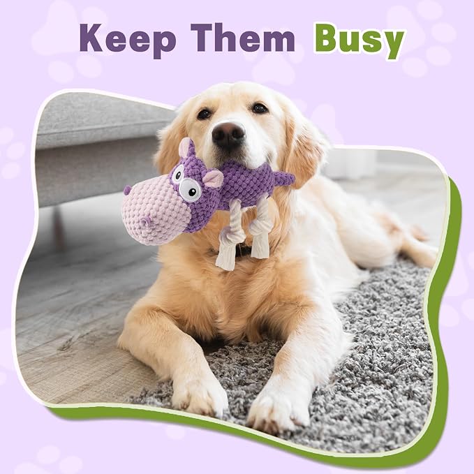 TOOPTATE Hippo Squeaky Dog Toy, Purple, Medium | Cute Plush Design, Rope Legs for Tugging, Helps Keep Dogs Busy, Suitable for Small, Medium, and Large Dogs - Image 5