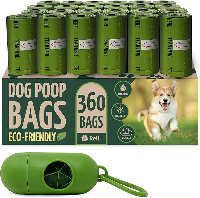 Reli. Poop Bags Rolls | Dog Poop Bags for Dogs (360 Count) | Biodegradable | Leak-Proof | 9x13" | Green Dispenser | Oxobiodegradable | Unscented by Reli