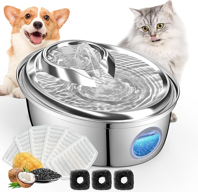 ORSDA Stainless Steel Cat Water Fountain, Automatic Pet Drinking Fountain, 100oz/3L Dog Water Dispenser with LED Water Level Window- 6 Filters +3 Pump Sponges (D66) by ORSDA