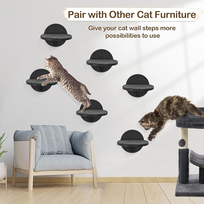 Cat Wall Shelves Furniture Set of 6, Wooden Cat Steps for with Scratching Pad, Sturdy Floating Climber Ladder Stairs, Cats Climbing Wall Systems for Cats Sleep Climb Play - Image 2