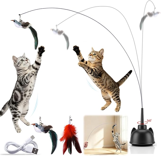 Interactive Cat Toys for Indoor Cats Toy Wand 360° Flying Bird Cat Toy | 2 Speed Adjustable Flying Bird Cat Toy Automatic Cats Toys with Self ON/OFF Feather Toy Suction Cup Electric Cat Teaser Wand by TMQKAE
