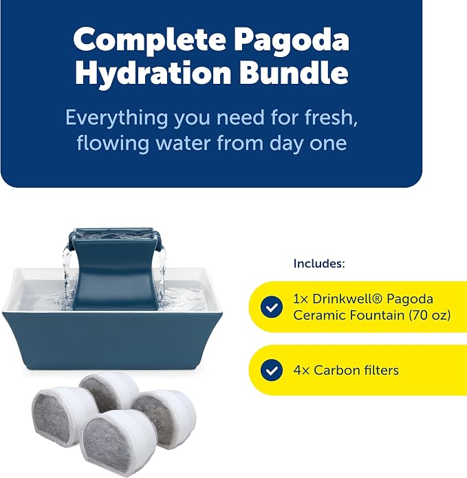 PetSafe Drinkwell Pagoda Ceramic Fountain, 70 oz, 4-Pack Carbon Filters | 2 Falling Water Streams Encourage Hydration, Cat & Small Dog Water Fountain, 4-Pack Carbon Filters - Image 2