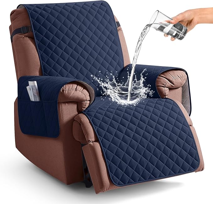 KinCam 100% Waterproof Recliner Chair Covers Washable, 28", Dark Blue | Anti Slip Reclining Couch Covers for Pets Dog, Recliner Sofa Slipcover Storage Pocket, Furniture Protector with Elastic Strap by KinCam