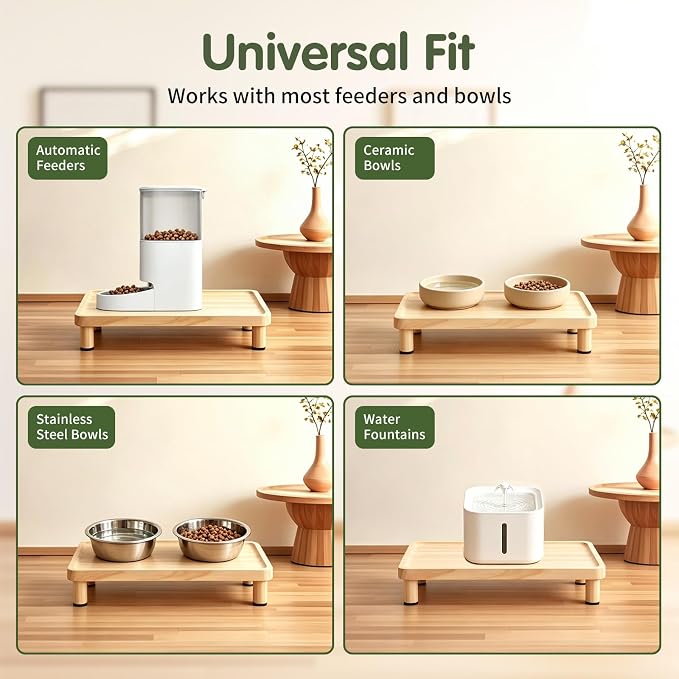 Cat Food Stand, Elevated Cat Feeding Station for Bowls & Feeders | Raised Rim Bowl Support, For Automatic Feeders & Bowls, Non-Slip Feet, Tool-Free Assembly, 15.8 x 9.8 in Wood Platform - Image 5