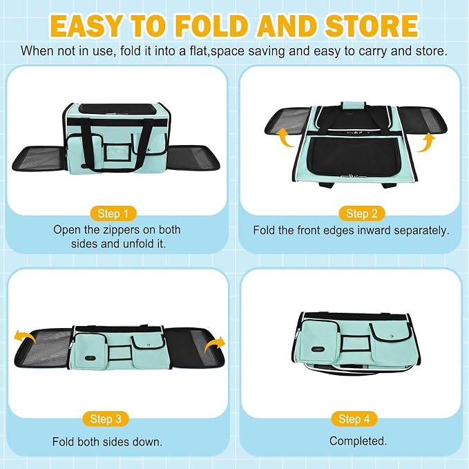 HUANLANG Large Cat Carrier Travel Soft Sided Pet Carrier Airline Approved | Dog Carriers for Small Dogs Medium Cats,Collapsible,3 Storage,zipper lock,Reflective strips,Luggage Strap, Up to 15 Lbs - Image 7