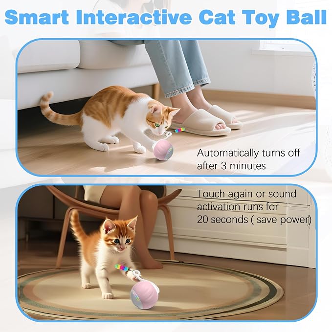 Upgraded 2.36 Inch Large Interactive Cat Toys Ball for Indoor Cats, Pink | Motion and Sound Activated, 2 Speeds, Rechargeable, 5 Replaceable Tails, Stuck-Free Motor, Gray Also Available - Image 3