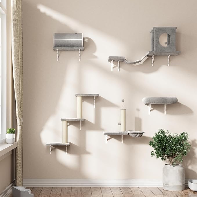 7-in-1 Cat Wall Shelves, Wall Mounted Climber Set | Cat Furniture with House, Tunnel, Bridge, Steps, Scratcher, Hammock, Shelves for Indoor, Gray - Image 7