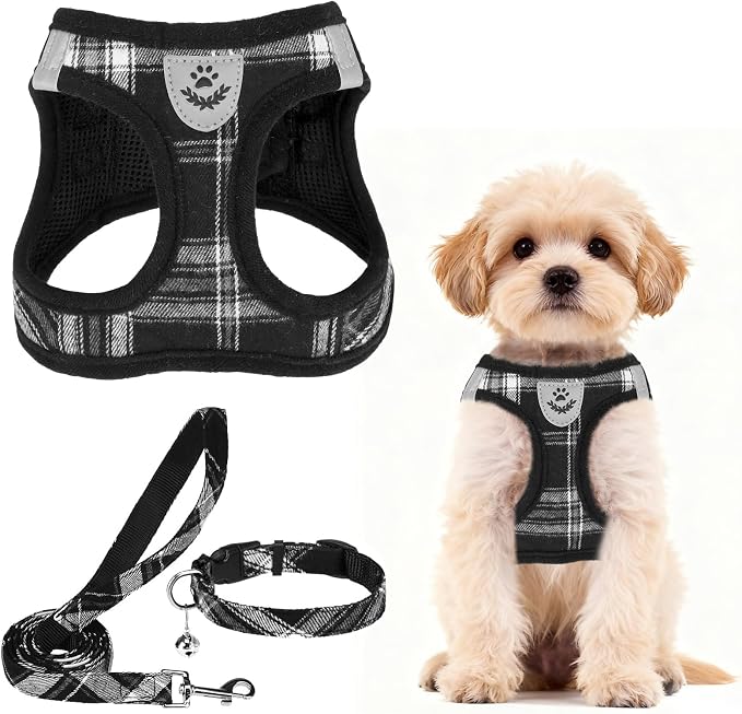 PUPTECK Dog Harness, Collar and Leash Set No Pull for Small Medium Sized | Plaid Puppy Step-in Escape Proof Reflective No Choke Pet Cat Adjustable Walking Vest by PUPTECK
