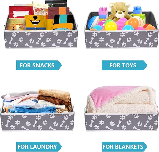 Linen-cotton Blend Dog Toy Organizer Basket - Storage for blankets, leashes, rope toys, clothing - Bone claw pattern - Image 5