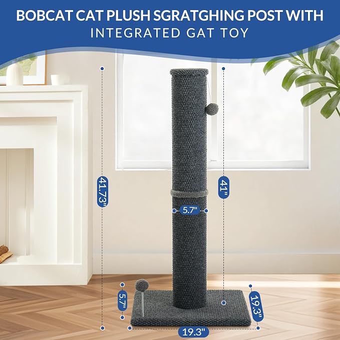 Cat Craft 41" Cat Scratching Post, Dark Gray | Short Plush Fabric, Stable Wide Base, Replaceable Hanging Ball, Full Stretch Design - Image 6