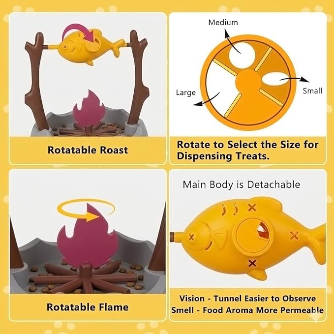 Cat Slow Feeder, Interactive Cat Puzzle Toy Treat Dispenser - BBQ Campfire Grill Design, Adjustable Rotating Fish Flame Mental Stimulation Food Dispensing Toy for Indoor Cats Kittens-Fat Fish - Image 2