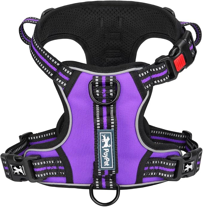 PoyPet No Pull Dog Harness with 3 Leash Clips and Vertical Handle | No Choke, Reflective, Adjustable, Soft Padded, Dog Vest for Large Dogs, Walking Training, Purple, XL by PoyPet