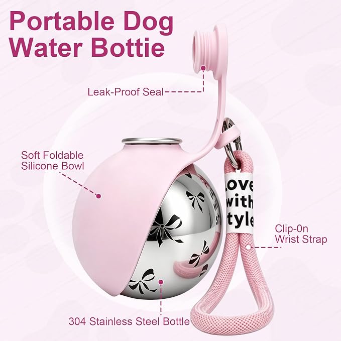 2 in 1 Portable Dog Water Bottle, 10 oz Leak-Proof Stainless Steel Bottle with Food-Grade Collapsible Silicone Bowl, Portable Hydration Gear for Walks, Hikes & Camping, Single Pink Printed Unit - Image 5