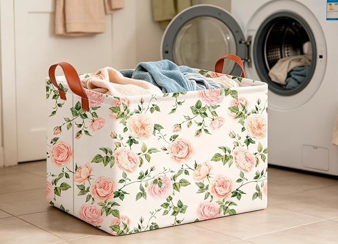 CLOCOR Rectangular Storage Basket Empty,Gift Basket,Waterproof Storage Bin with Handles,Room Decor(Watercolor Rose) - Image 5