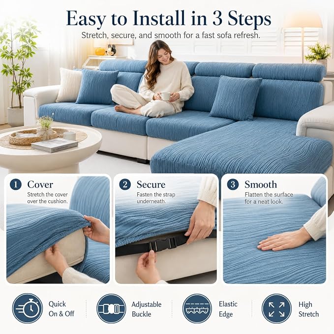 Stretch Sofa Slipcover, 2026 Upgraded Non Slip Couch Cover with Adjustable Straps, Pet Dog Cat Friendly Furniture Protector for 3 Seater, Washable for Living Room - Image 8