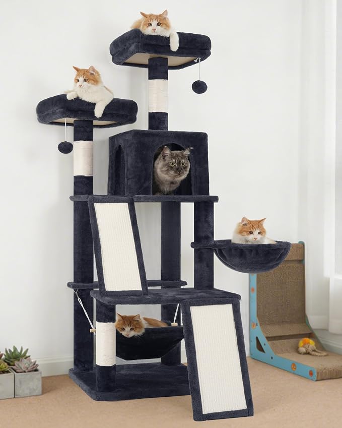 Cat Tree Tower Multi-Level with 2 Scratching Boards, GCT022G | 55.1 inch Cat Condo House with Hammock for Indoor Cats, 2 Plush Padding Platforms, Basket, Scratching Post, Toys, Dark Gray - Image 8