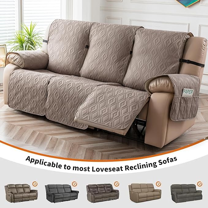 Genina Waterproof Couch Cover for Reclining Couch 3 Seater Non-Slip, Washable Recliner Sofa Covers for 3 Cushion Couch, Furniture Covers Couch Protector for Dogs Pets Kids (Taupe, Recliner Sofa) - Image 4