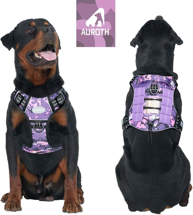 AUROTH Tactical Dog Harness for Extra Large Dogs, Heavy Duty No Pull Vest | Easy Control with Handle, Reflective, Military K9, No Choke, 2 Clips, for Walking Hunting Hiking Training, Purple Camo, XXL - Image 8