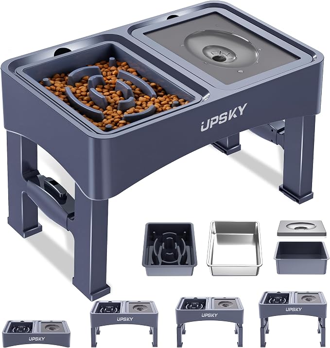 UPSKY 3-in-1 Elevated Dog Bowls Set with 4 Height Adjustable Stand, Blue | 304 Stainless Steel Bowl, No Spill Water Bowl, Slow Food Bowl, Anti-Slip, Dishwasher Safe, Suitable for Small Medium Dogs by UPSKY