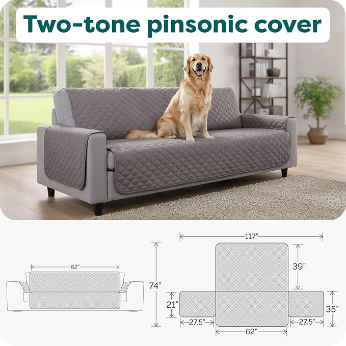 FurHaven Water-Resistant Sofa Cover for Dogs & Cats, Reversible Couch Protector with Secure Straps and Pinsonic Quilted Fabric, Machine Washable Couch Cover, Sofa Sized, Gray Mist - Image 3