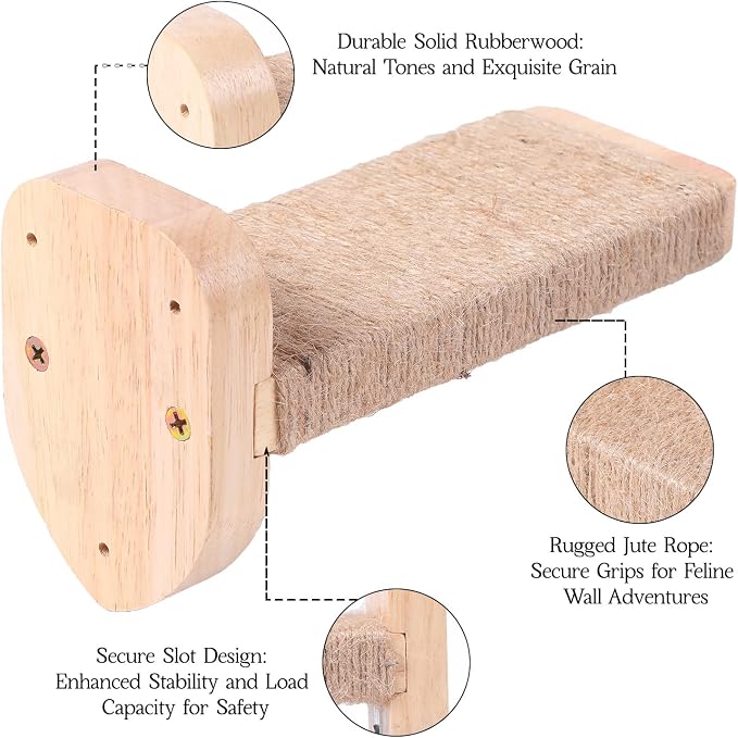 3pcs Cat Wall Steps, Climbing Mounted Furniture, Shelves With Hemp Rope Covered, Solid Wood Ladder for Playing and Climbing (Standard-Wood) - Image 3