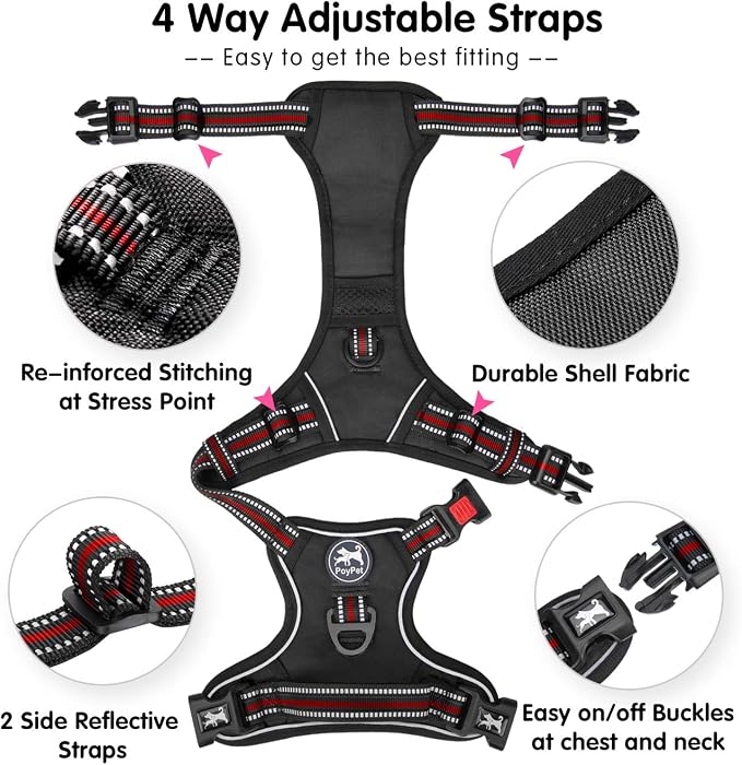 PoyPet Dog Harness Large, No Pull Vest with Front/Back Clip & Neck Buckle | No Choke, Lockable, Reflective, 2 Lead Rings, Adjustable, Soft Padded Handle for Training Walking, L, Black+Red - Image 5