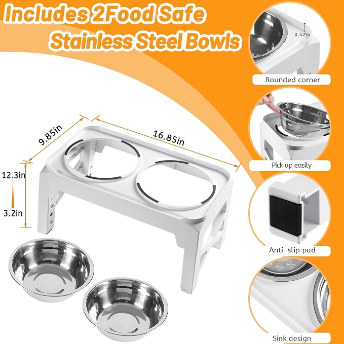 Elevated Dog Bowls with 2 Stainless Steel Food & Water Raised Bowls with No Spill Edge Non-Slip Stand Adjusts to 5 Heights(3.2", 8.77", 9.9",11.1", 12.3") for Small Medium Large Dog and Pet White - Image 4