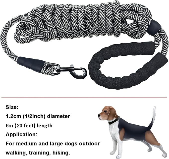 MayPaw Heavy Duty Rope Dog Leash, 3/4/6/7/8/10/12/15/20/30 FT Long Dog Lead Nylon Pet Leash, Soft Padded Handle Thick Lead Training Leashes for Large Medium Dogs (20ft * 1/2", Black) - Image 5