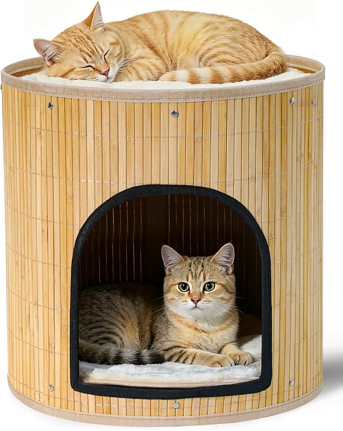 SYANDLVY Large Cat House, Kitten Condo with Bed for Indoor Cats, Portable ﻿ | 2-Tier Foldable Natural Bamboo Cave with Double-Sided Cushion, 15.5"x15.7" Washable Kitten Hideout by SYANDLVY