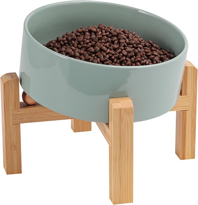 Elevated/Raised 15°Tilted Anti Slip Ceramic Dog Bowl for Small/Medium Breeds,Slanted Bulldog Big Face Pet Food Water Feeding Dish with Stand for Cats and Dogs (3.6 Cups/28 OZ) Light Green by DJJJOOYSCeramicDogBowl